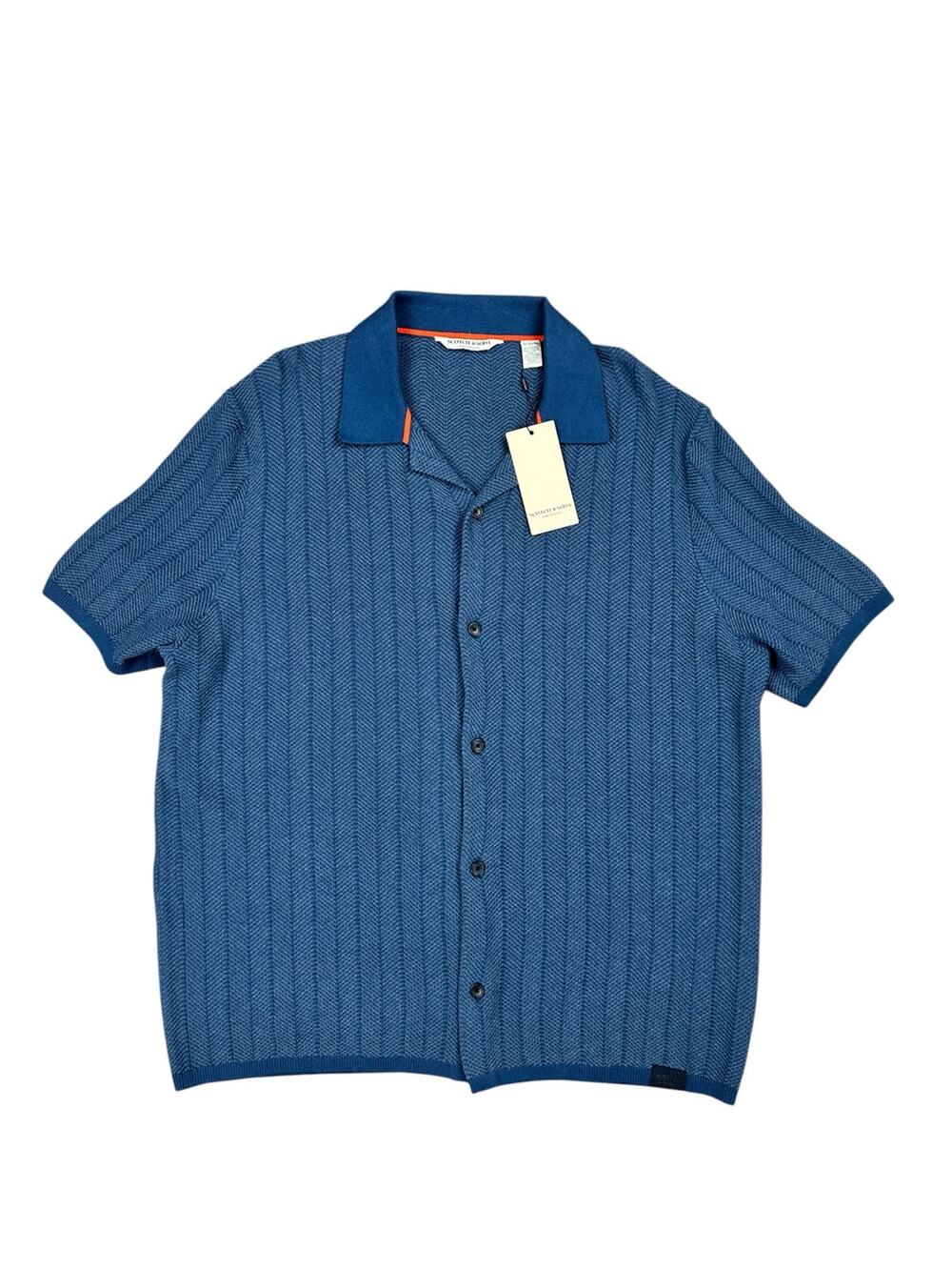 Scotch & Soda Dark Denim Button Front Short Sleeve Sweater Shirt — Size XL